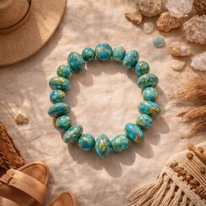 Turquoise Beaded Stretch Bracelet Blue Green Stone Statement Boho Jewelry